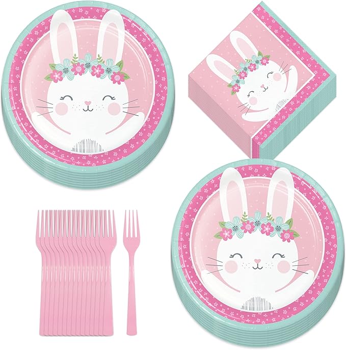 Birthday Bunny Pink Floral Boho Paper Dinner Plates and Luncheon Napkins (Serves 16) - Pink Bunny Boho Party and Baby Shower Tableware