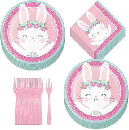 Birthday Bunny Pink Floral Boho Paper Dinner Plates and Luncheon Napkins (Serves 16) - Pink Bunny Boho Party and Baby Shower Tableware