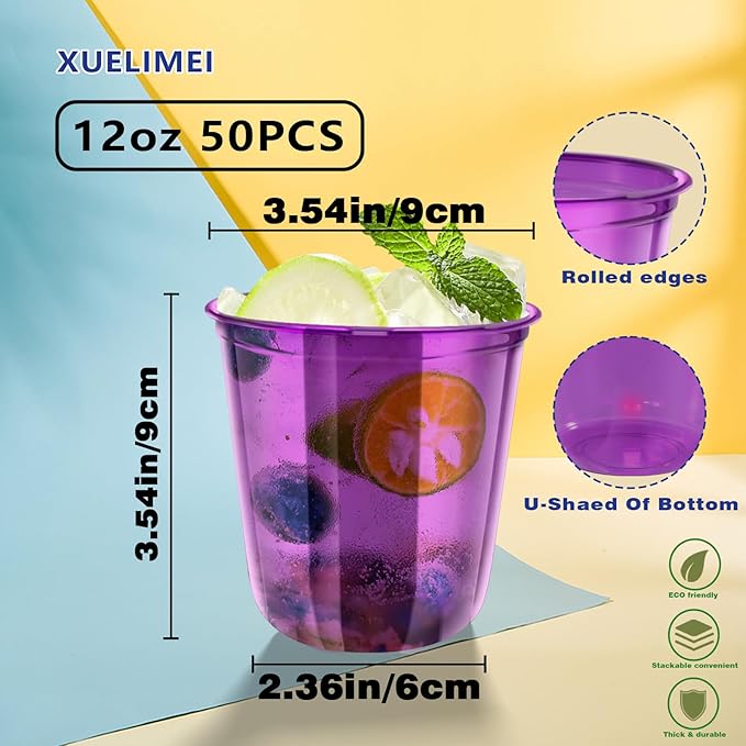 50pcs 12oz Disposable Stemless Glasses,PET Disposable Drinking Cups,Cold Party Clear Plastic Wine Glasses for Parties Birthday,Wedding,Meeting,Christmas Party Supplies. (Purple)
