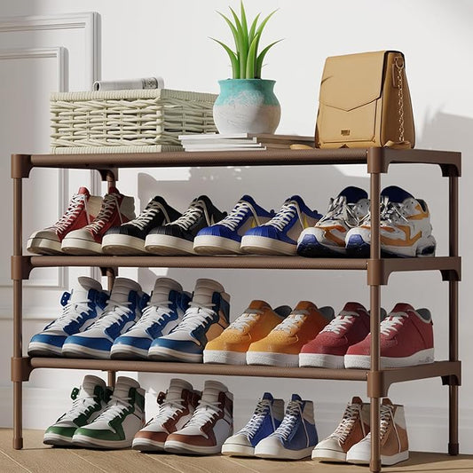 Kitsure Shoe Rack - Non-Woven Shoe Rack Shelf, Shoe Organizer for Closet, Entryway, Garage & Corridor, Stackable Shoe Shelves, 27.5" Wide - 3 Tier, Brown