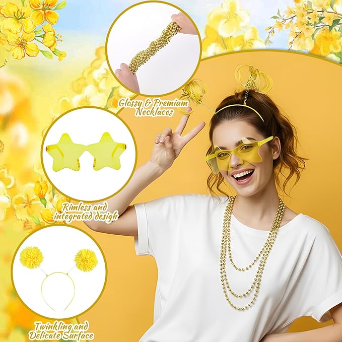 50 Pcs Gold Holiday Team Spirit Party Accessories Pom Pom Party Headbands Star Shape Sunglasses Bead Necklaces Stuff Favors for Birthday Wedding Supplies(Classic)