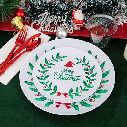 Liacere 175PCS Christmas Plastic Plates - White & Green; Includes 50 Wreath Plates, 25 Red Cutlery, 25 Cups, 25 Tree Napkins