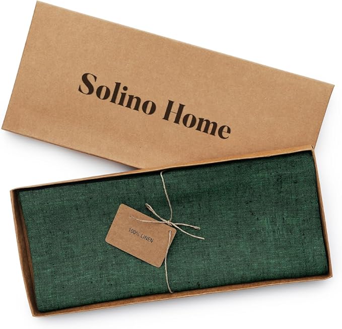 Solino Home Linen Table Runner 48 Inches - 100% Pure Linen Forest Green Table Runner 14 x 48 Inch Ideal for Dresser and Coffee Tables - Athena - Christmas, Winter, New Year