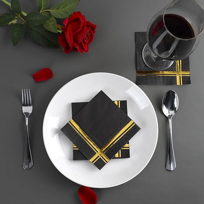 Gold on Black Cocktail Napkins - 100 Pack, 5" x 5", 3-Ply Paper - Style Name: Blissful Crossing
