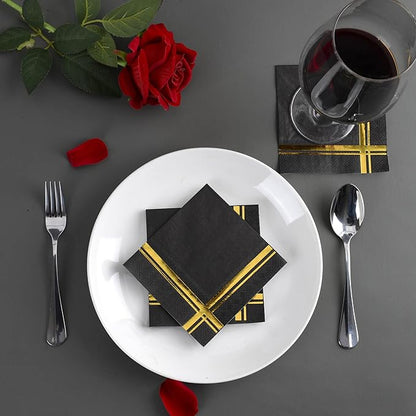 Gold on Black Cocktail Napkins - 100 Pack, 5" x 5", 3-Ply Paper - Style Name: Blissful Crossing