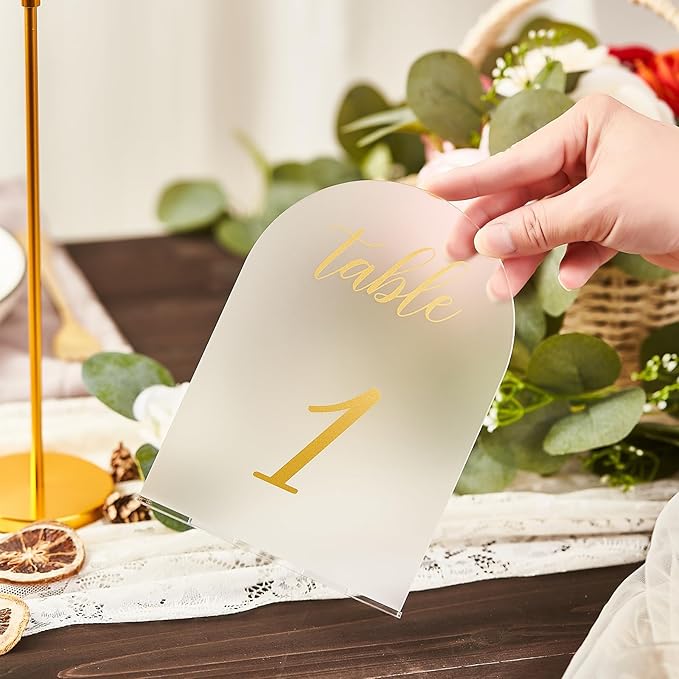 SHINVALE Arch Acrylic Wedding Table Numbers with Gold Foil Font – Frosted Finish, Elegant Modern Design with Stands, Easy Assembly Table Signs for Weddings, Parties & Events (15, 5" x 7")