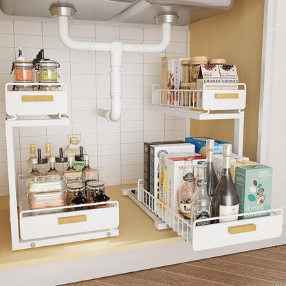 2 Pack Under Sink Organizer with Ball Bearing Sliding Drawer, Heavy Duty Pull Out Cabinet Organizer, 2 Tier Adjustable Storage Rack for Kitchen Bathroom, Space Saving Design, White