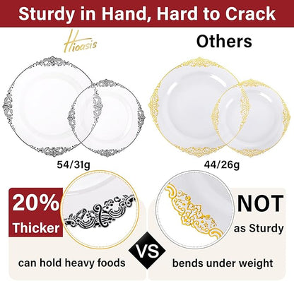 Hioasis 350pcs Clear Black Plastic Plates - Elegant Disposable Dinnerware Set Suitable for 50 Guests Include 10.25" Dinner & 7.5" Dessert Plates, Pre Rolled Silverware Set, Cups for Party & Wedding