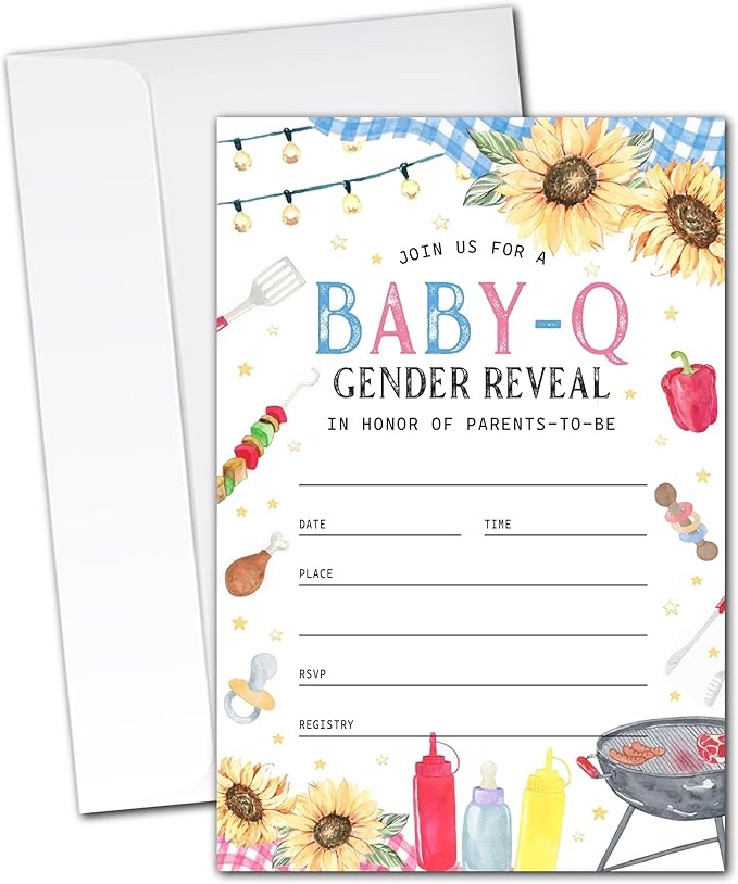 Baby-Q Gender Reveal Invitations - 20 Rustic BBQ Baby Shower Invitation Cards 4"x6" with Envelopes, Sunflower and Gingham Blue Pink Invitations for Parents-to-Be.(104)