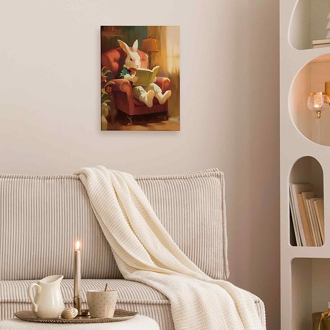 TLESKE Funny Reading Bunny Rabbit Wall Art Decor, Bunny Rabbit Canvas Wall Art Print for Reading Nook Reading Corner Bedroom Living Room, Easter Bunny Wall Artwork Picture, 11x14