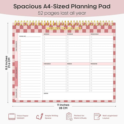 Taja Weekly To Do List Notepad with 52 Undated Sheets（8.5"×11"）- Weekly Desk Planner for Women & Man, Work and Home - 1 Pack Rose Checkered