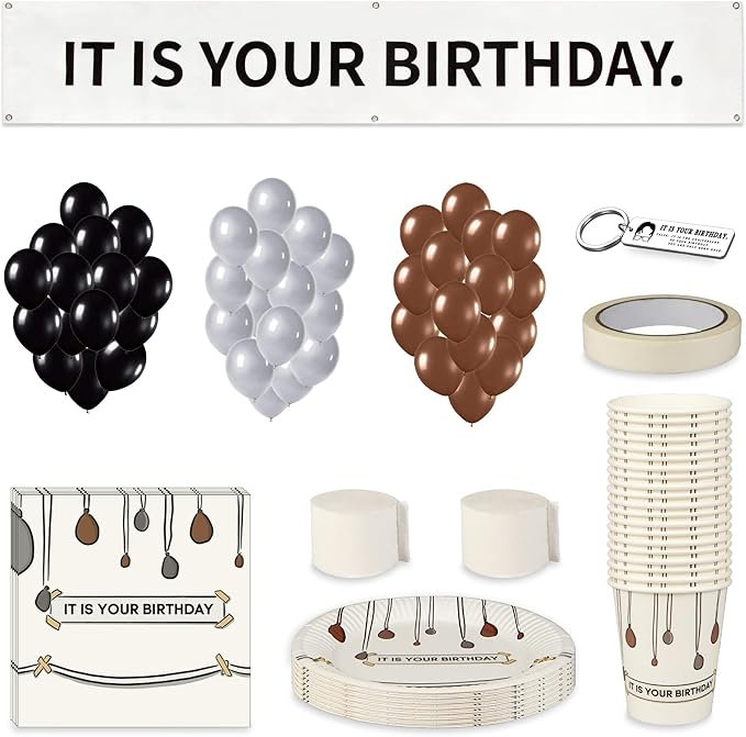 110 PCS It Is Your Birthday Banner Set, The Office Merchandise Banner with Metal Hanging Grommets, Balloons, Plates, Cups, Napkins,Streamer and Tape for Birthday Party Supplies Decorations