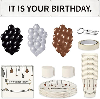 110 PCS It Is Your Birthday Banner Set, The Office Merchandise Banner with Metal Hanging Grommets, Balloons, Plates, Cups, Napkins,Streamer and Tape for Birthday Party Supplies Decorations
