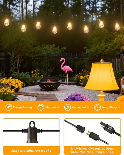 Outdoor String Lights, 50FT LED Patio Lights with 25+2 A45 Vintage Edison Shatterproof Bulbs, Waterproof Connectable Dimmable Outside Hanging Lights for Backyard Bistro Porch Garden