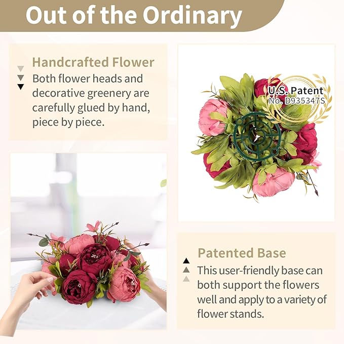 NUPTIO Flower Ball Arrangement Bouquet: 10 Pcs 9.4 inch Diam Pink & Red Faux Peony Flowers Balls for Wedding Centerpiece Decorations Fake Peonies Artificial Flower Centerpieces for Tables