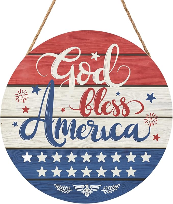 July Fourth Memorial Day Decorations Sign for Front Door Independence Day Patriotic Wreath Welcome Hanging Plaque God Bless America Round Wooden Hanger for Memorial Outdoor Decor 12”x 12”