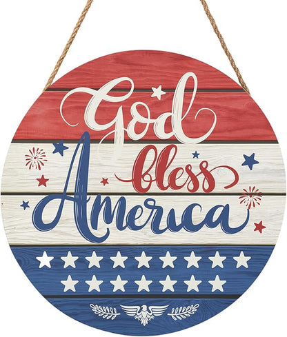July Fourth Memorial Day Decorations Sign for Front Door Independence Day Patriotic Wreath Welcome Hanging Plaque God Bless America Round Wooden Hanger for Memorial Outdoor Decor 12”x 12”