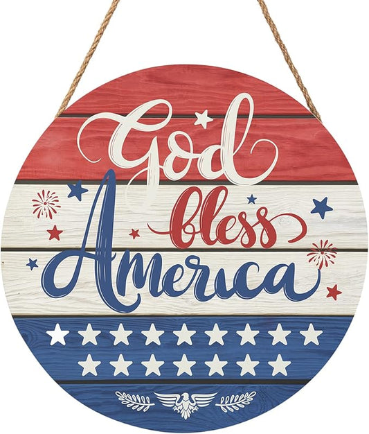 July Fourth Memorial Day Decorations Sign for Front Door Independence Day Patriotic Wreath Welcome Hanging Plaque God Bless America Round Wooden Hanger for Memorial Outdoor Decor 12”x 12”