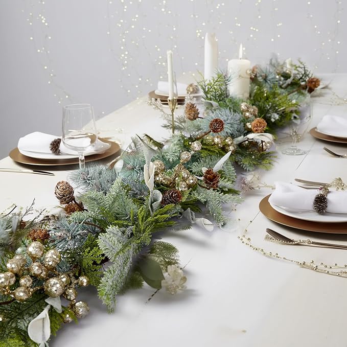WBHome 6ft Mixed Snowy Norway Spruce & Pine Branch with Shimmy Berries Mantle Christmas Garland, Winter Flocked Garland for Christmas Holiday Seasonal Indoor/Outdoor Home Decor Mantle