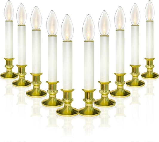 10 Pack Christmas Window Candles with 3V Ultra-Bright LED Warm White Bulbs, LED Battery Operated Window Candles, Gold Base, Flameless Candlestick for Indoor Christmas Window Table Mantel, Steady On