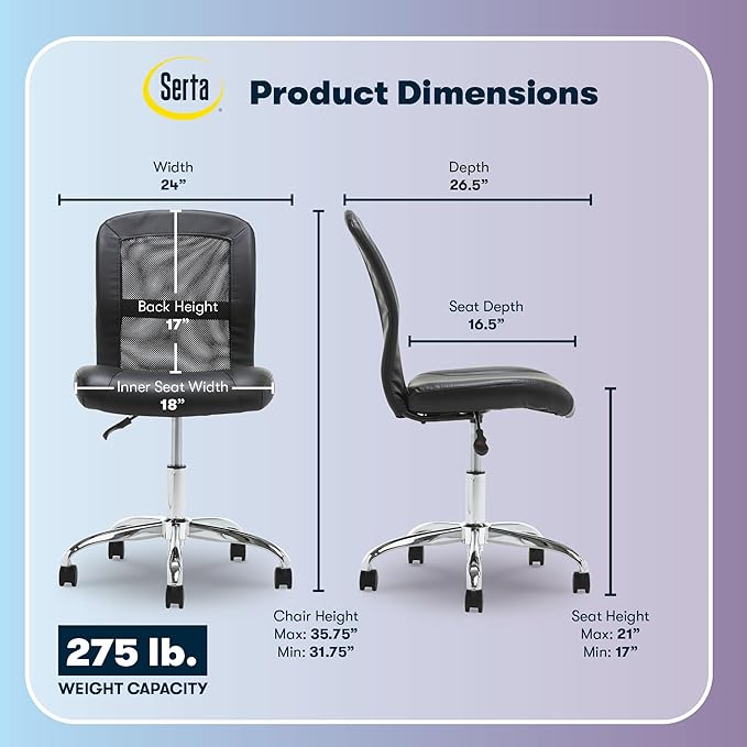 Serta Essential Armless TaskChair, Small Desk Chairs with Wheels, Breathable Mesh Back and Faux Leather, Quality Foam Cushion Seat for Comfort, Minimal Design for Vanity Table, Black