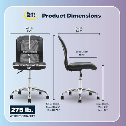 Serta Essential Armless TaskChair, Small Desk Chairs with Wheels, Breathable Mesh Back and Faux Leather, Quality Foam Cushion Seat for Comfort, Minimal Design for Vanity Table, Black