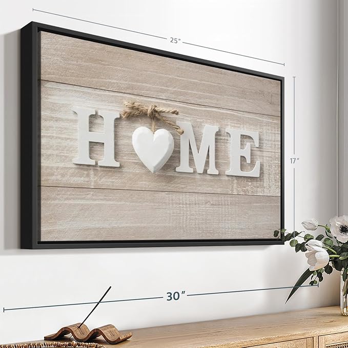 ElephantStock Home Sign Wall Art - Horizontal Floating Framed Canvas - 1-Piece Living Room Wall Decor - Photography Typography Canvas Print - Brown and Beige Decor for Wall - 25" X 17"
