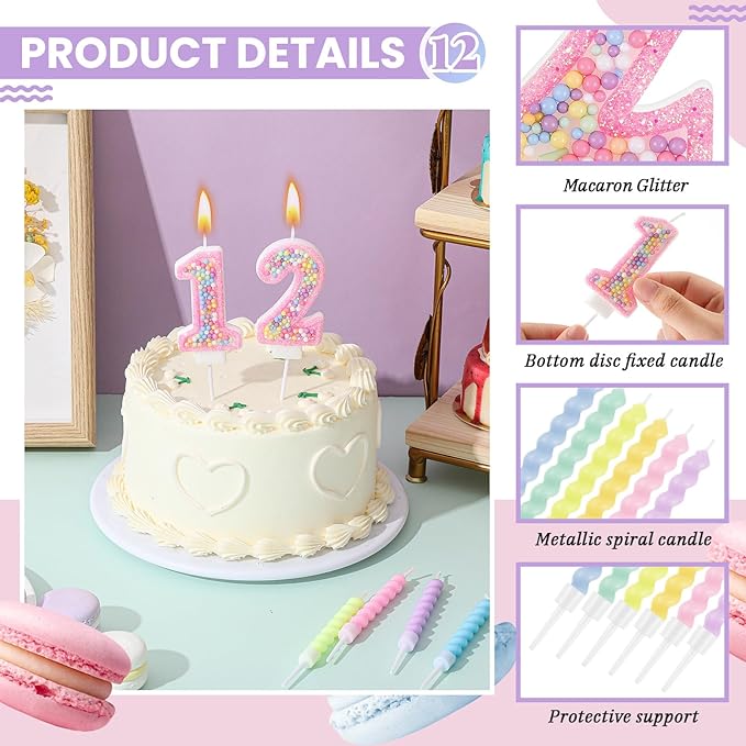 MTLEE Number 12 Birthday Candle with 12 Pcs Spiral Candles for Girls Macaron Pastel Rainbow Unicorn Pink Cake Topper for Sweet Theme Party Decoration