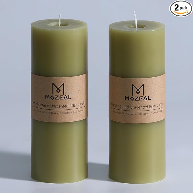 MOZEAL 3" x 8" Hand-Poured Unscented Large Candle, Smokeless Rustic Pillar Candle Set of 2, Slow Burn, No Drip, Approx 150 Hours Burning,Wedding,Dinner,Christmas and Home Decorative,Tall Olive Candle