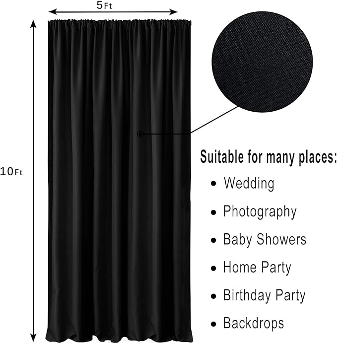 Hiasan Black Backdrop Curtains for Parties, Polyester Photography Backdrop Drapes for Family Gatherings, Wedding Decorations, 5ftx10ft, Set of 2 Panels