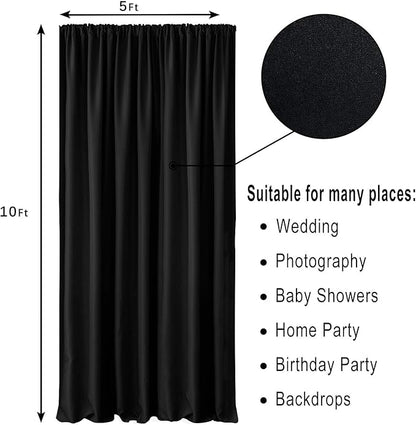 Hiasan Black Backdrop Curtains for Parties, Polyester Photography Backdrop Drapes for Family Gatherings, Wedding Decorations, 5ftx10ft, Set of 2 Panels