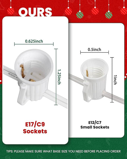 Brightown C9 Light Strand, 25FT White Cord Outdoor String Lights Christmas Stringer with 12" Socket Spacing, C9/E17 Intermediate Base Indoor/Outdoor Stringer Set for Christmas Decor Patio