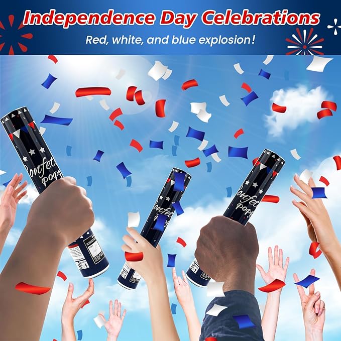 Confetti Cannon 12 Pack Party Poppers 4th of July Patriotic Confetti Poppers for July 4th Decor Biodegradable Poppers Red White Blue Independence Day Confetti Shooter for Celebration Party Decorations