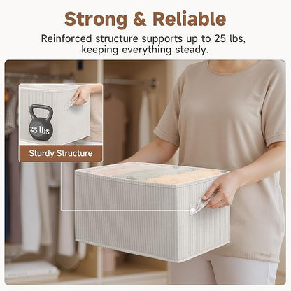 StorageWorks Foldable Shelf Organizer Bins, Closet Storage Baskets for Clothes, Fabric Storage Bins for Shelves, Beige Stripes, 3-Pack, Large