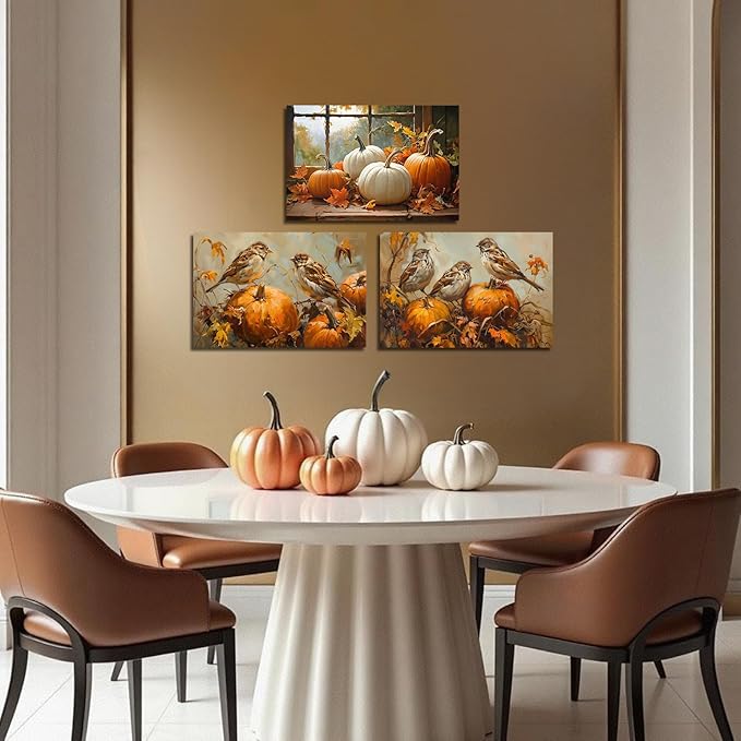 YMXDYMJSW Autumn Wall Art 3 Pieces Pumpkin with Sparrows Picture Prints Fall Harvest Birds Canvas Painting Thanksgiving Theme Artwork for Farmhouse Decor Frame (Gold,20.00" x 28.00" x 3PCS)