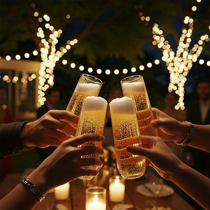 Goodluck 24pack Clear Disposable Champagne Flutes，9oz Stemless Champagne Flutes,Stemless Disposable Clear Plastic Toasting Glasses for Weddings, Birthday Parties, Family Gatherings, Bars etc