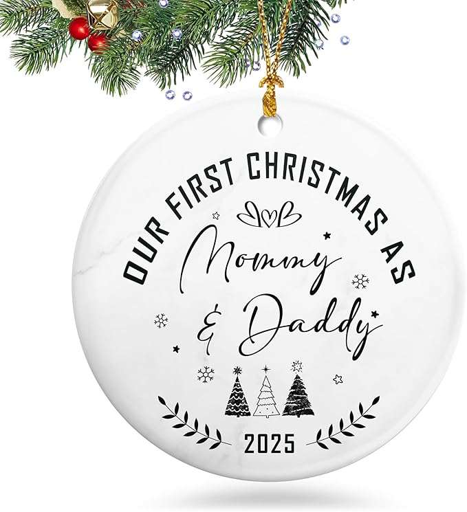 Our First Christmas As Mom & Dad Ornament 2025,Celebrate Baby's First Christmas Ornament,New Parents Promoted to Mommy Daddy Gifts,Family of Three Ornament for Mom Dad Newborn Xmas Gifts Decorations