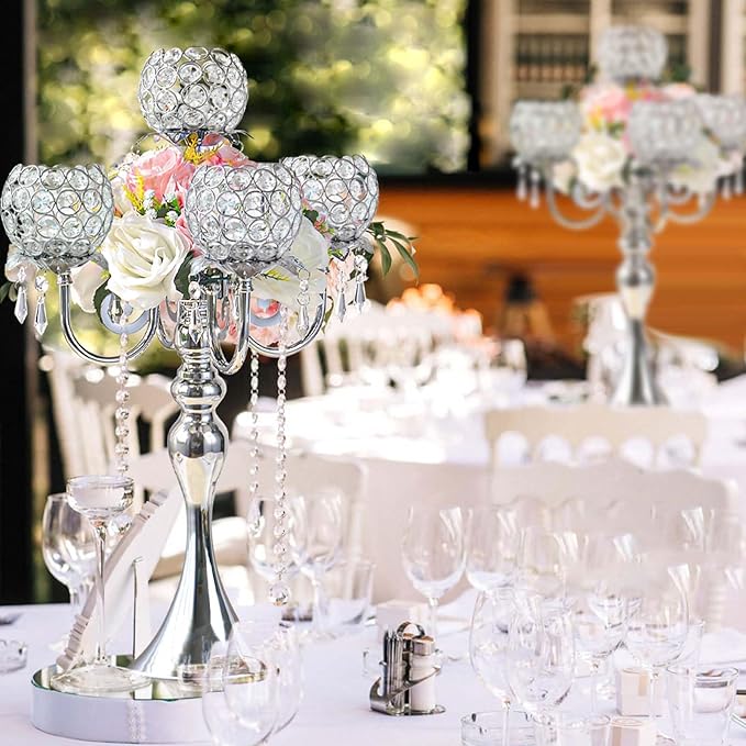Silver 5 Arms 22.5 Inch Crystal Exquisite Candle Holder with Pendant, Elegant Table Decoration Home Decor for Restaurant Party Birthday Wedding Date