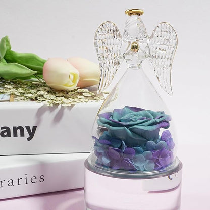 Miofula Angel Rose Birthday Gifts for Mom, Preserved Flower Rose in Glass Angel Figurines, Forever Real Rose Gift for Women Mom Grandma, Angel Gifts for Her Wife on Valentines Anniversary Mother's Day