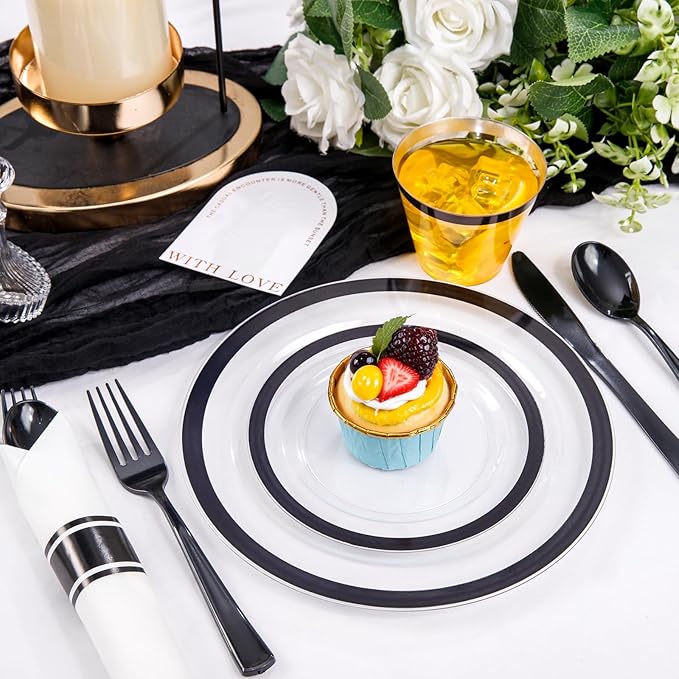 Liacere 350PCS - Clear Plates with Black Rim for 50Guests Dinnerware Include 100 Clear Plates disposable 150 Black Silverware 50 Napkins for Party&New Year