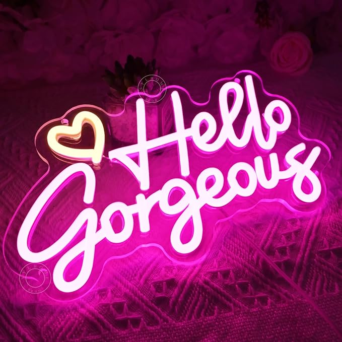 SYLHOME Hello Gorgeous Led Neon Light Sign Heart Bedroom Girls Room Wall Decor Sign Bar Beauty Studio Salon Wedding Birthday Christmas Party Decoration 11.8" X 6.8" USB