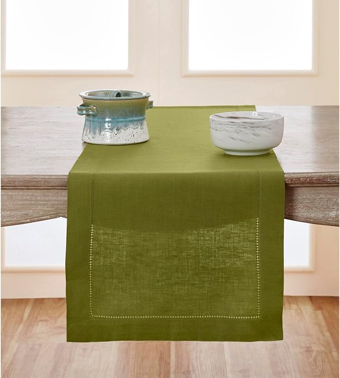 Solino Home Linen Avocado Green Table Runner 72 Inches Long - 100% Pure Linen Hemstitch Table Runner 14 x 72 Inch for Dresser, Dining, Fall, Autumn - Classic Hemstitch