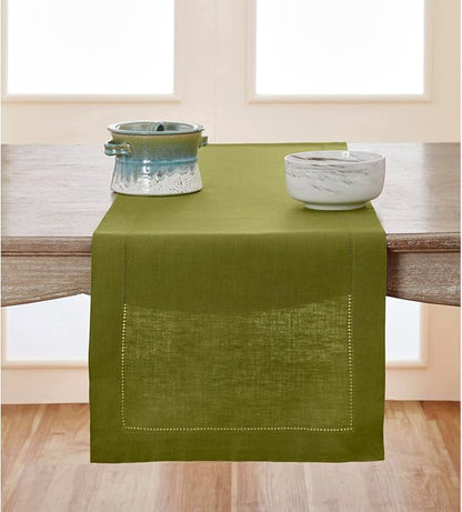 Solino Home Linen Table Runner 120 Inches Long - 100% Pure Linen Avocado Green Table Runner 14 x 120 Inch for Fall, Autumn - Classic Hemstitch