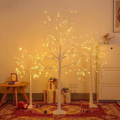 Set of 3 Lighted Birch Tree 4FT 5FT and 6FT, Higher Size, Timer Function Birch Christmas Tree with 144 LED Warm White Lights for Indoor Christmas Decorations Outdoor Yard Garden Home Bedroom Party