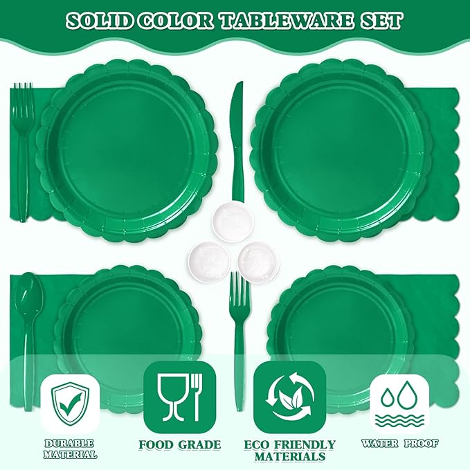 Vyntra 350 PCS Disposable Plates for Party, Paper Plates & Napkins Set with Cups, Knives, Forks, Spoons, 7'' Dessert and 9'' Dinner Plates for Birthday, Christmas, St. Patrick's Day - Green