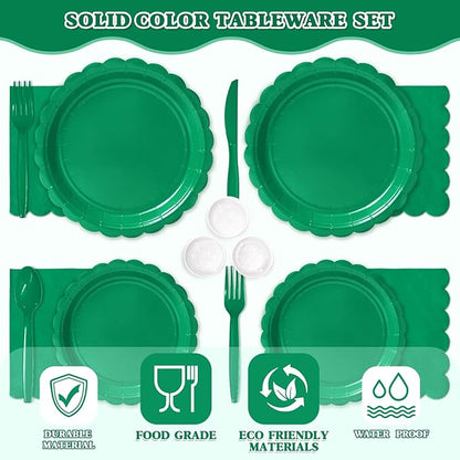 Vyntra 350 PCS Disposable Plates for Party, Paper Plates & Napkins Set with Cups, Knives, Forks, Spoons, 7'' Dessert and 9'' Dinner Plates for Birthday, Christmas, St. Patrick's Day - Green
