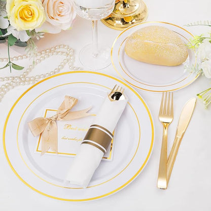 DaYammi 210PCS Gold Plastic Dinnerware Set Christmas Plates Disposable Disposable Plates for Party, Include: 30 Dinner Plates, 30 Dessert Plates, 30 Pre Rolled Napkins with Gold Silverware, 30 Cups