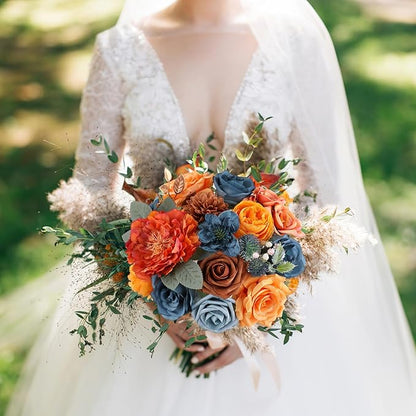 AmyHomie Teal Orange Artificial Flowers Combo Silk Mix Peony Rose Fake Flowers w/Stem for DIY Wedding Bouquets Centerpieces Arrangements Table Fall Decor Party Bridal Baby Shower Home Decorations