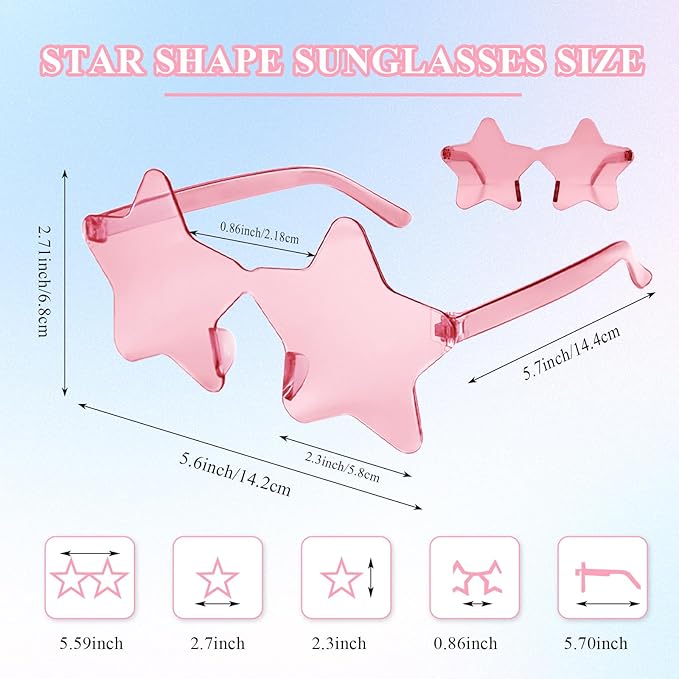 NACHLYNN 6 Pcs Rimless Star Shaped Sunglasses Pink Transparent Sunglasses Pentagram Glasses Valentine Day Party Favor