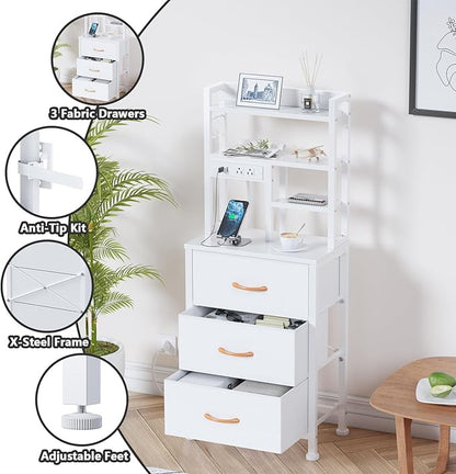 Furnulem Tall Nightstand with LED Lights and 3 Tier Shelves, Night Stand with 3 Fabric Drawers, 45.3inch Tall Bedside Tables with USB Ports and Outlets in Bedroom, Dorm, Office (White)